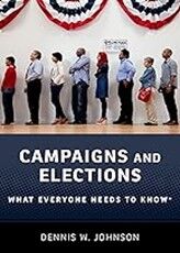 Photo of a book cover with white text in the lower half that reads "Campaigns and Elections: What Everyone Needs to Know." Above that is a photo of eight people waiting in a line.
