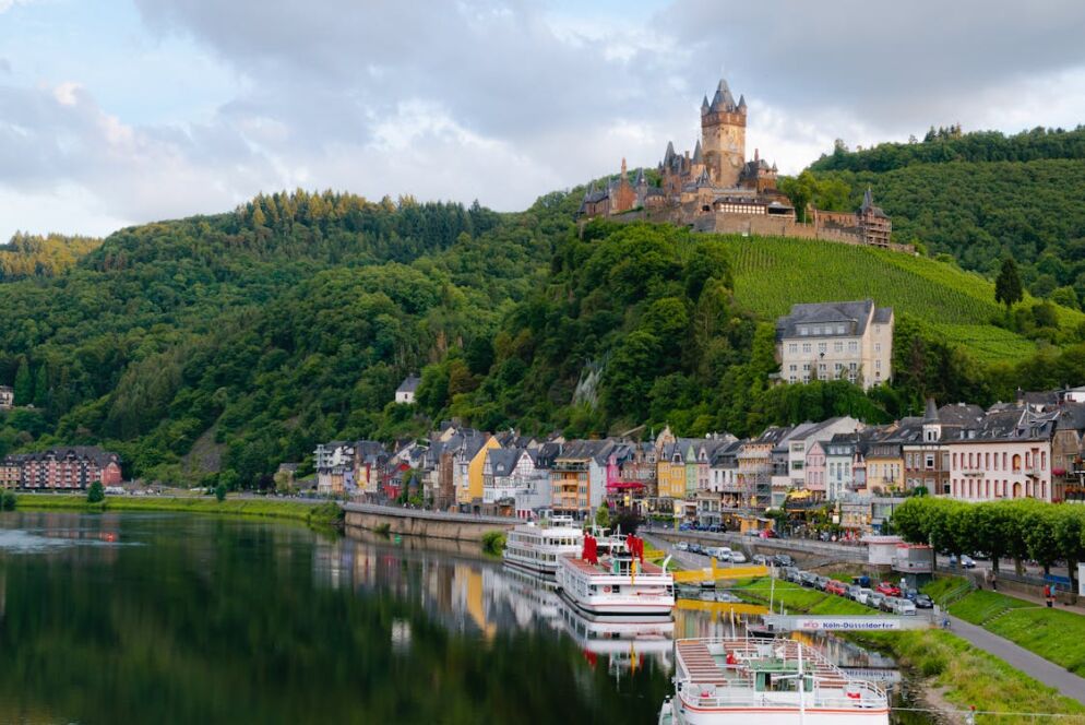 Photo of a castle on a hill above the water. Lots of small houses are below the hill on the waterfront.