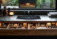 Stock photo of a vanity with two vessel sinks and storage drawers. The vanity is made of wood. The countertop is dark marble with two vessel sinks. There is a large window above the vanity. The window has a black frame. There are plants and a candle on the countertop.