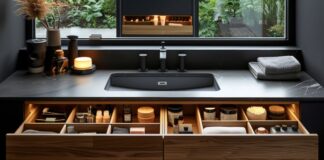 Stock photo of a vanity with two vessel sinks and storage drawers. The vanity is made of wood. The countertop is dark marble with two vessel sinks. There is a large window above the vanity. The window has a black frame. There are plants and a candle on the countertop.