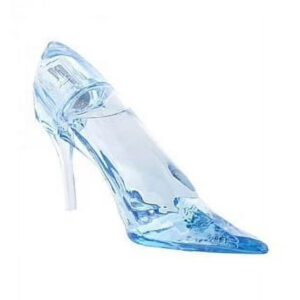 Photo of a glass blue slipper modeled after Cinderella's shoe against a white background.