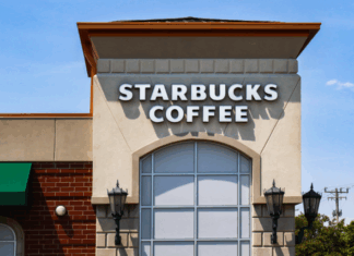 Photo of the exterior of a Starbucks Coffee building.