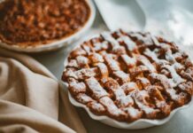 Stock photo of a latticed apple pie on a table.